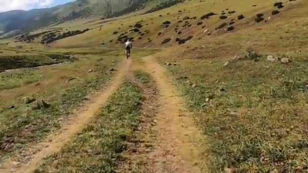 Bicicleta ciclista en carretera de montaña — Vídeo de stock