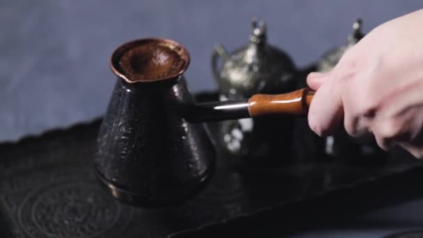 Making Turkish coffee in copper cezve — Stock Video