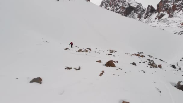 冬の氷河の山の中で男のスキーツアーの空中ショット — ストック動画