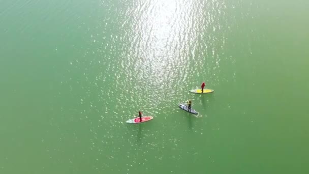 Poeple paddlar på sup board i vintersjön — Stockvideo