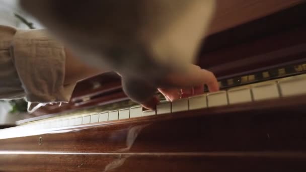 Femeie cântând la pian de epocă din lemn — Videoclip de stoc