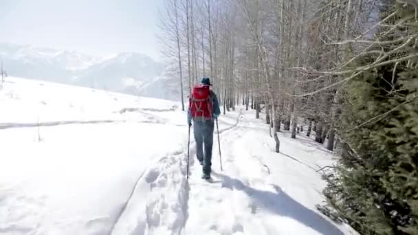 Człowiek turysta z czerwonym plecakiem w górach zimowych — Wideo stockowe