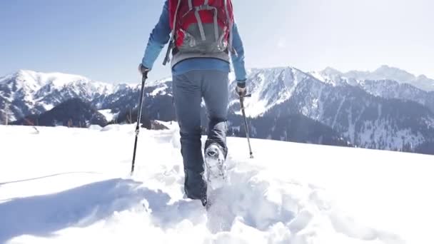 Homem caminhante com mochila vermelha nas montanhas de inverno — Vídeo de Stock