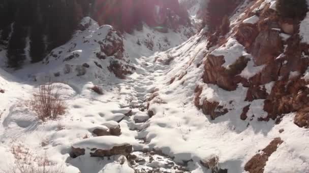 Река со сноубордом в красивых зимних горах — стоковое видео