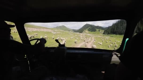 Мужчина ездит на старом автомобиле в горах Средней Азии — стоковое видео