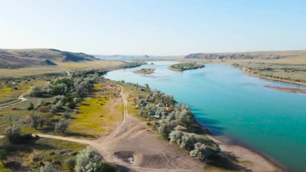Drone shot of river Ili and spring steppe in Kazakhstan — Stockvideo