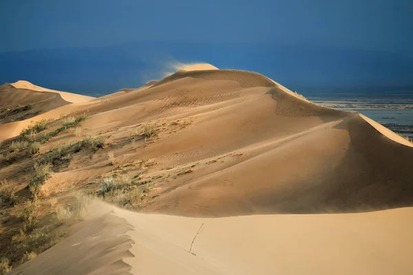 哈萨克斯坦阿拉木图附近著名地区Altyn Emel国家公园Singing Sand Dunes Barkhan和Ili河日落景观 — 图库照片