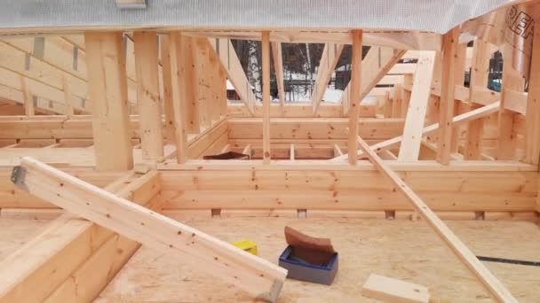 Aerial View Unfinished House Wooden Roof Frame Structure Construction Stock Footage