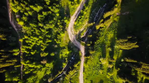 アルマトイカザフスタンの川の近くの山の谷でスプルースの木の森の高山の周りの田舎道の空中スピンドローンショット — ストック動画