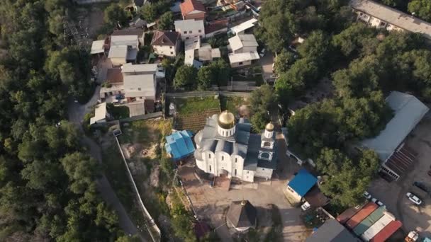 Aerial Reveal Shot Christian Church River Skyscrapers Sairan Lake Mountain — Wideo stockowe