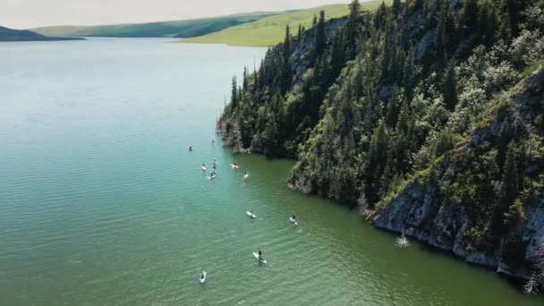 People Swim Stand Paddle Boards Sup Mountain Lake Kazakhstan — 비디오