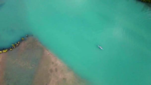 Top Aerial Drone Shot Swim Stand Paddle Boards Sup Mountain — Stockvideo