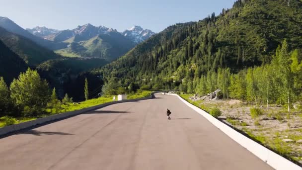 Man Ride Downhill Longboard Skateboarding Green Mountain Road Pass Concept — ストック動画