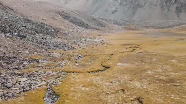 空中ドローンの風景は カザフスタンの山の谷で氷河と乾燥した川と雪の頂上の速度ショットを明らかにします — ストック動画