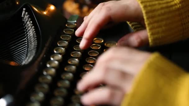 Hand Young Woman Yellow Sweater Writing Old Black Vintage Typewriter — Stock Video