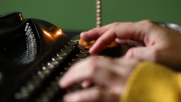 Hand Young Woman Yellow Sweater Writing Old Black Vintage Typewriter — Stock Video