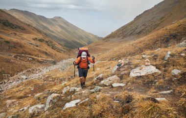 Sakallı yaşlı turist portresi. Sırt çantalı ve dağ vadisinde yürüyen sırıklara sahip. Açık hava ve yürüyüş konsepti.