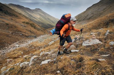 Sakallı yaşlı turist portresi. Sırt çantalı ve dağ vadisinde yürüyen sırıklara sahip. Açık hava ve yürüyüş konsepti.