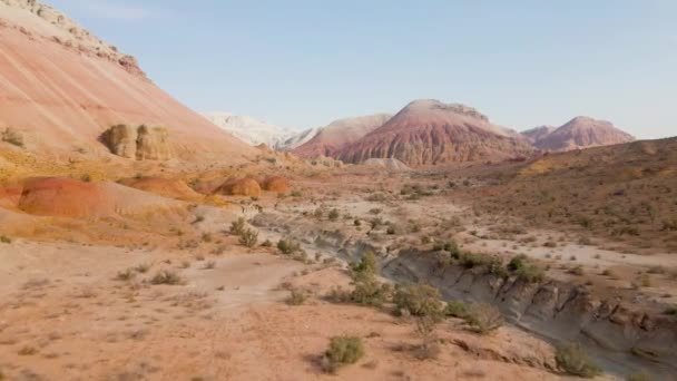 カザフスタンの干ばつの地球を持つ砂漠の超現実的な縞模様の赤と白の山々の近くの道路の空中ドローンショット — ストック動画