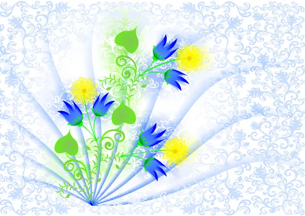 Greeting card with blue bells and yellow daisies — Stock Photo, Image