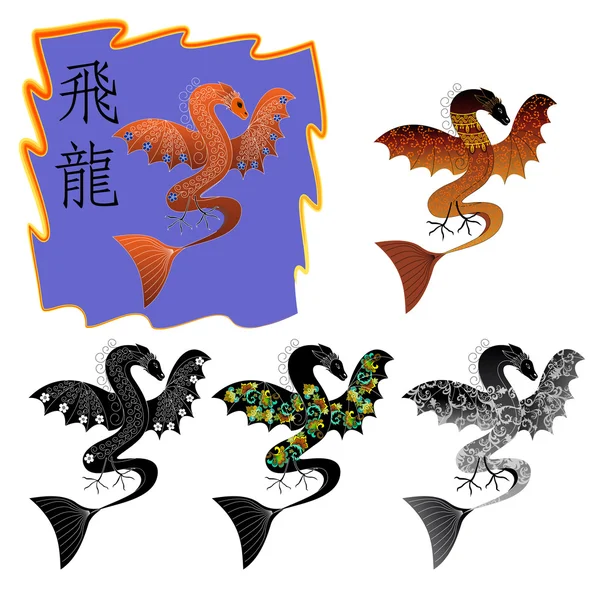 Pět draků s kombinovanou vzorem — Stockový vektor