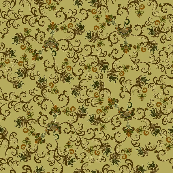 Groen en beige patroon met bloemen en grote gebladerte — Stockvector