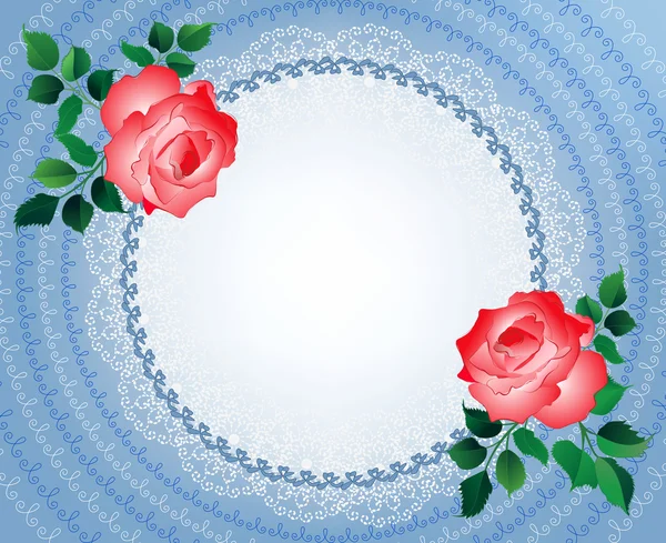 Lace round frame with red roses — Stock Vector