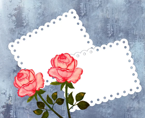 Greeting card with roses on the frosty background — Stock Photo, Image