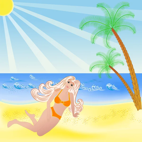 Chica tomando el sol en el mar — Vector de stock