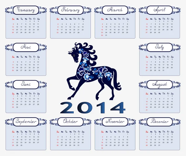 Calendario 2014 cavallo blu — Vettoriale Stock