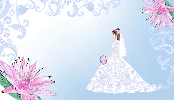 青色の背景に花嫁と結婚式のカード — ストックベクタ