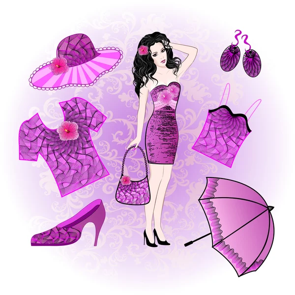 光紫色の背景に服やアクセサリーの女の子 — ストックベクタ