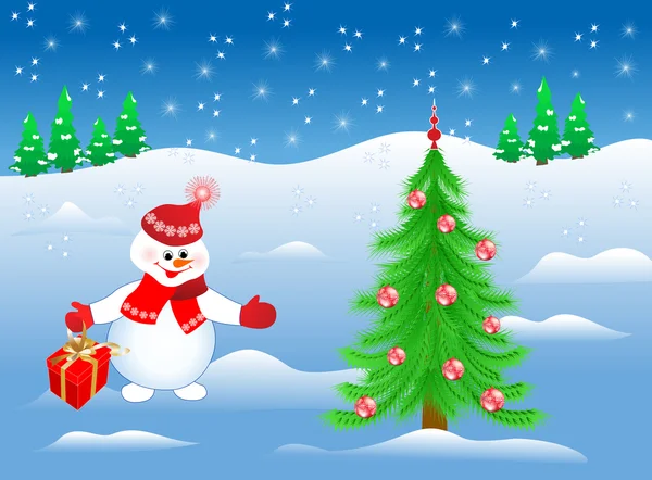 Bonhomme de neige souriant avec cadeau invite au sapin de Noël avec jouet — Image vectorielle