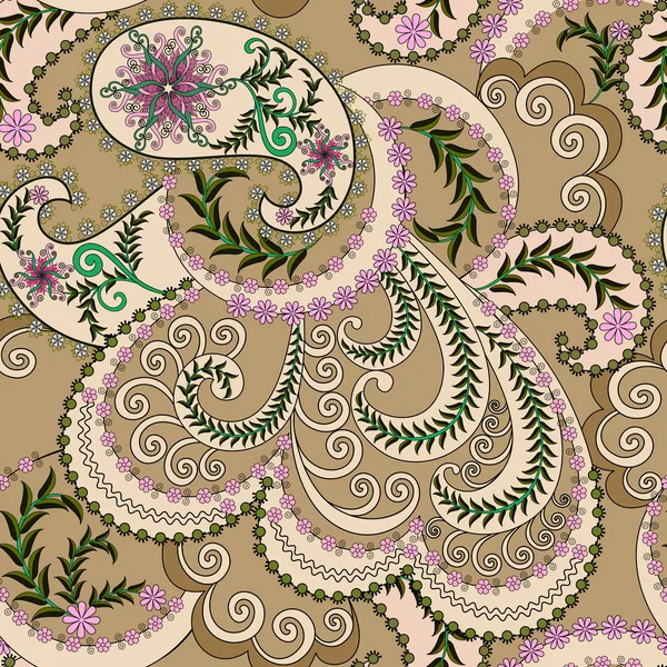 Paisley beige decorado con flores de color rosa — Vector de stock