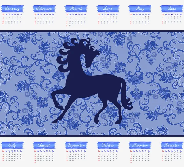 Calendario 2014 con un caballo sobre fondo azul — Archivo Imágenes Vectoriales