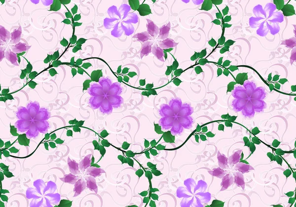 Muster mit leuchtend lila Blüten auf rosa Hintergrund — Stockvektor