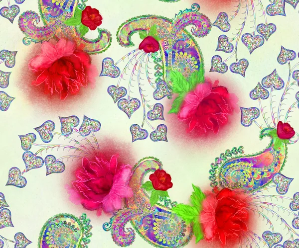 Paisley mönster med rosor och dekorativa blad i vintage styl — Stockfoto