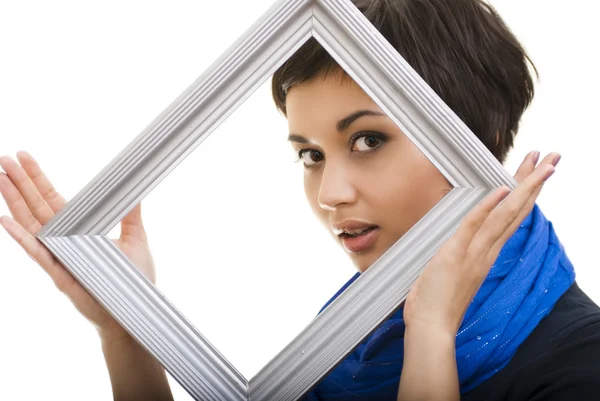 Portrait of smiling woman with frame — Stock Photo, Image