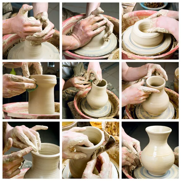 Руки гончаря, створюючи глиняну банку на колі Стокове Зображення