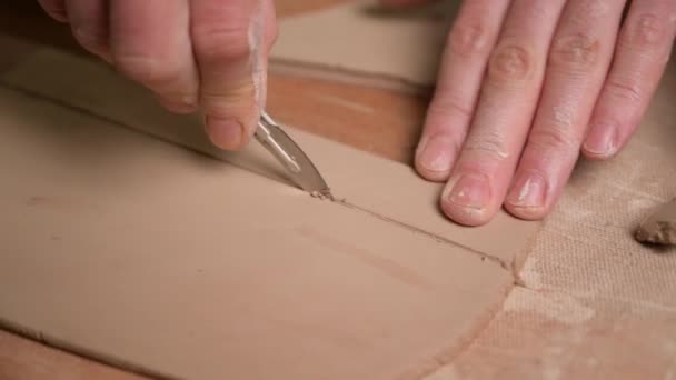 Master ceramist works in pottery studio. Process of creating plate — Stock Video