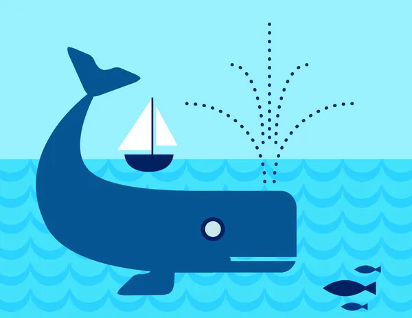 鲸鱼在海洋游泳下一艘帆船 — 图库矢量图片