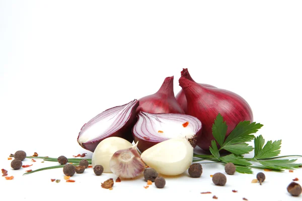 Cebolla con ajo y especias aisladas sobre fondo blanco — Foto de Stock