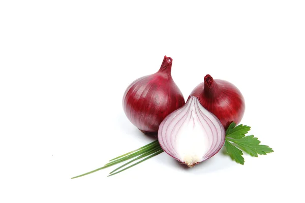 Red onion tuber and fresh parsley isolated on white background — Stock Photo, Image