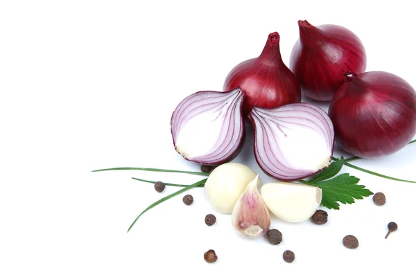 Zwiebel mit Knoblauch und Gewürzen isoliert auf weißem Hintergrund — Stockfoto