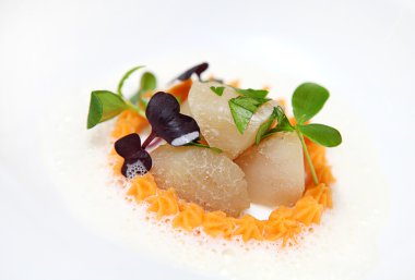 taze kerevit bisk ve salata ile deniz tarağı dağladı