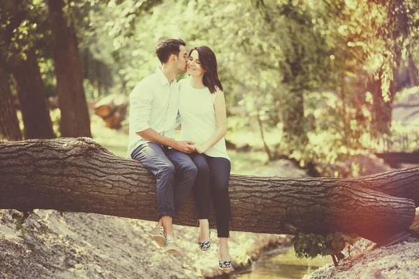 Glückliche und junge schwangere Paare, die sich in der Natur umarmen. Vintage-Retro — Stockfoto