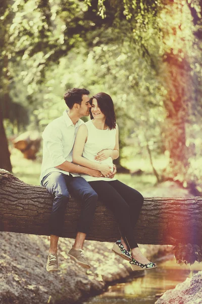 幸せと若い妊娠中のカップルは自然の中で抱き締めます。レトロなビンテージ — ストック写真