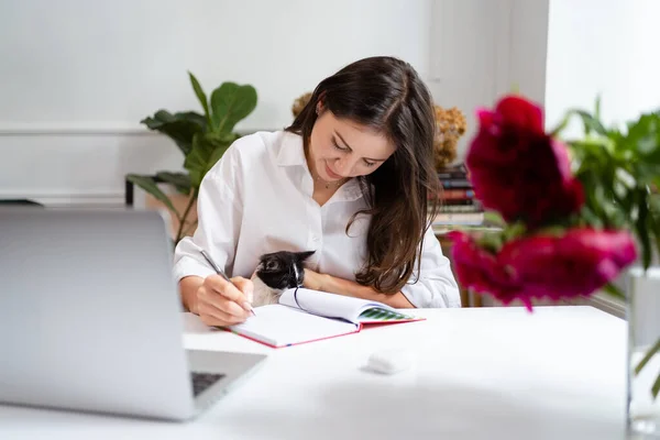 Zakenvrouw werken op laptop computer thuis zitten en het beheer van haar bedrijf via het thuiskantoor — Stockfoto