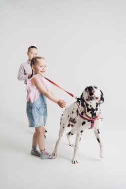 Erkek ve kız kardeş bir köpekle oynuyor.