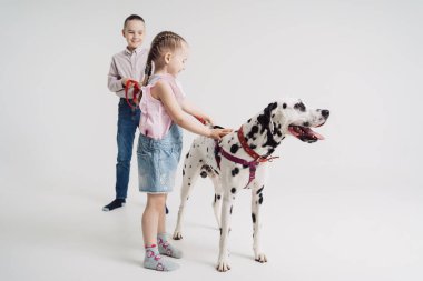 Erkek ve kız kardeş bir köpekle oynuyor.